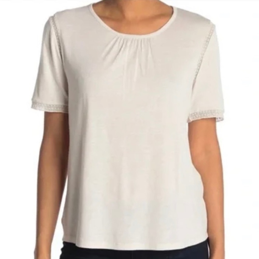 DR2 Plus Size Lace Trim Sleeve Shirt - Sand Ivory